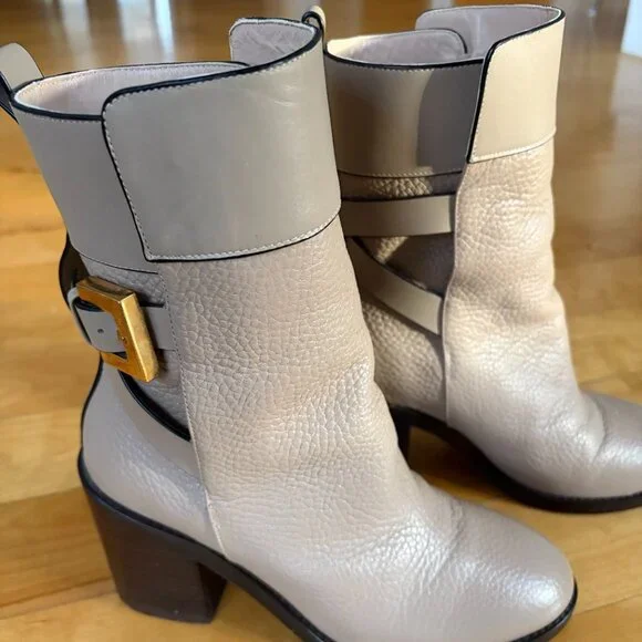 Stuart Weitzman Taupe Leather Block Heel Ankle Boots - Picture 4 of 9